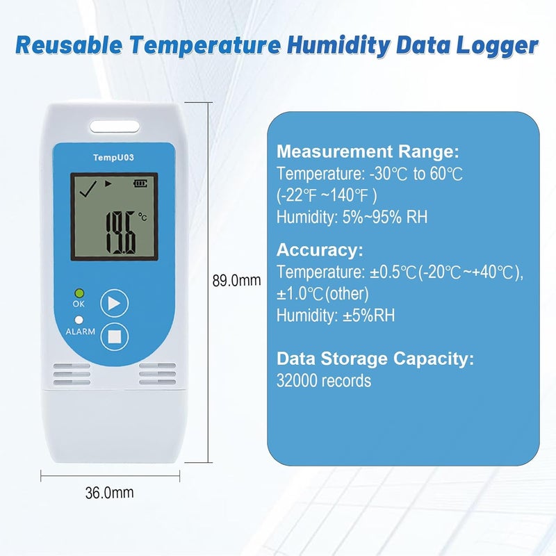 T-ZONE Reusable Temperature and Humidity Data Logger USB,Temp Recorder Humidity Logger with PDF&CSV Report,Digital Refrigerator Thermometer Hygrometer 32000 Recording for Lab Food Storage,LED Alarm - Image 4